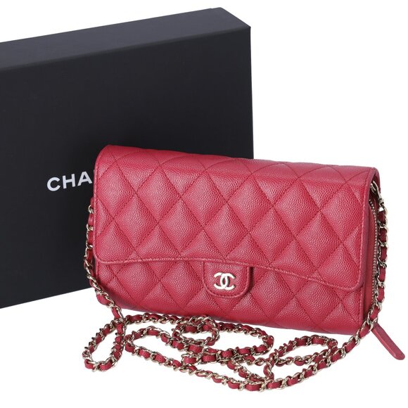 CHANEL Matelasse Zippy Wallet WOC Crossbody Dark Pink Grained Calfskin - Picture 1 of 10